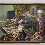 Натюрморт с корзиной и бутылкой, холст, масло